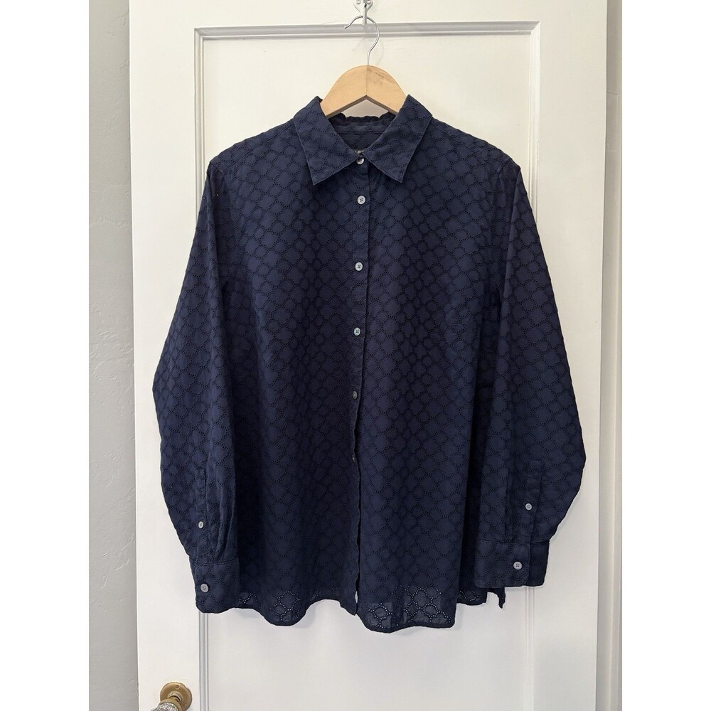 Talbots Woman 1X Eyelet 100% Cotton Button Down Shirt Navy Blue Scallop Hem